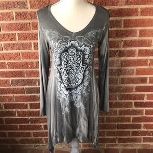 Vocal Gray Black beaded Long sleeve jagged edged distressed look top NEW